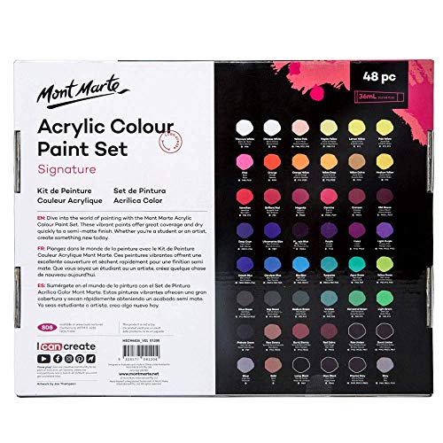 Mont Marte Signature Acrylic Paint Set, 48 Colors x 36 ml, Semi-Matte Finish, Suitable for Canvas, Wood, MDF, Leather, Air-dried Clay, Plaster, - WoodArtSupply