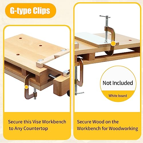 Fetcoi Woodworking Bench Vise - Hard Wood | Dual Guide Rods | 4 Bench Dogs | 2 Clips - Portable Quick Release Front Vise Workbench Wood Vise Work Fetcoi