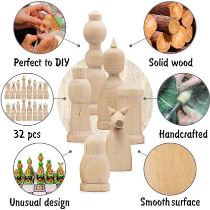 Unfinished Wood Chess Pieces with Vinyl Chess Board - Paint Your Own Chess Set - Blank Chess Sets DIY Arts and Crafts - Chess Gifts for Chess Players