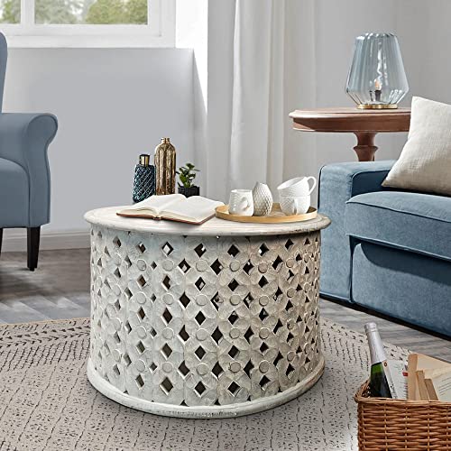 The Urban Port Mango Wood Farmhouse Round Coffee Table with Intricate Diamond Cut-Out Base The Urban Port