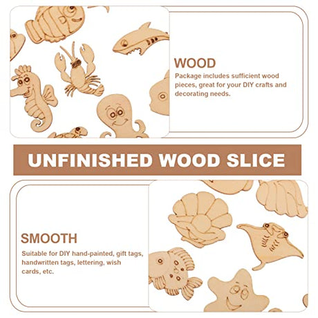 Abaodam 100pcs Sea Animals Wood Slices Octopus Turtle Seahorse Shark Wooden DIY Craft Cutout Unfinished Ocean Animals Wood Ornaments Gift Pieces Tags Abaodam