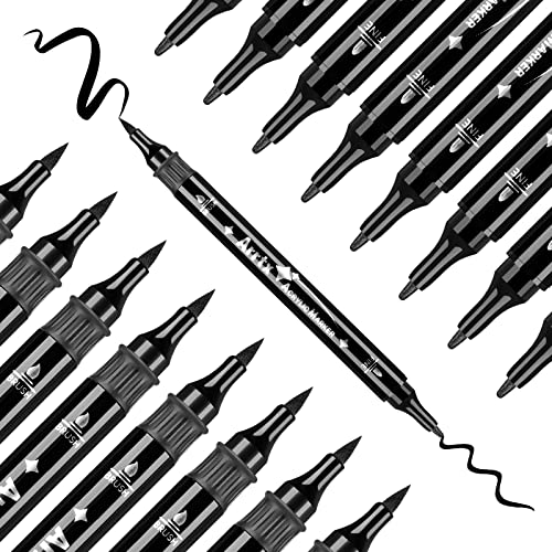 Arrtx Black Acrylic Paint Pens - 8 Pack Brush Tip and Fine Tip (Dual Tip) Black Paint Markers for Rock Painting, Water Based Acrylic Painting - WoodArtSupply