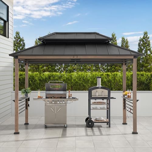 Sunjoy Wooden Grill Gazebo with AC Power Port, 8 x 12 ft. Steel Hardtop Outdoor Gazebo for Year-Round Grilling, Cedar Framed Gazebo with Built-in