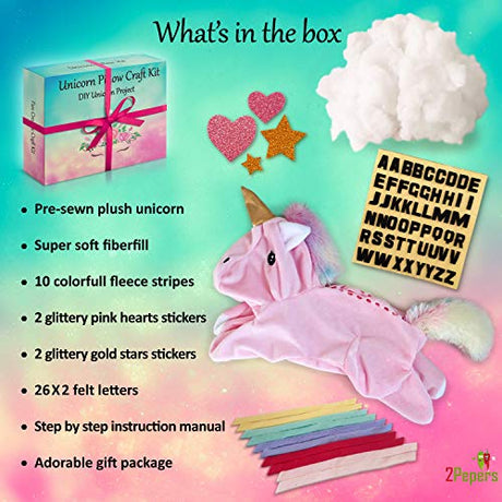 2Pepers Make Your Own Unicorn Pillow Kit Arts and Crafts for Girls (No Sewing Needed), DIY Stuffed Plush Pillow Craft kit for Kids, Unicorn Gifts for 2Pepers