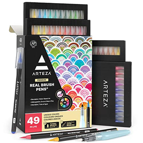 ARTEZA Real Brush Pens, 48 Watercolor Pens for Dynamic Watercolor Effects and Calligraphy, Flexible Nylon Brush Tips, Paint Markers Perfect for ARTEZA