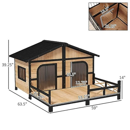 PawHut Wooden Large Dog House Outdoor Double XL Dog Kennel with Elevated Floor and Porch, Weatherproof Puppy Shelter for Small and Medium Breed Dogs,