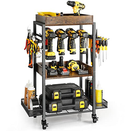 Power Tool Organizer Garage Storage Organization Shelving Tool Holder Drill Rack Shelf Rolling Cart Open Tool Chest Cabinet Box Organizer with Wheels Olakee