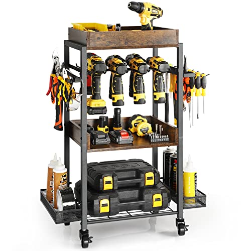 Power Tool Organizer Garage Storage Organization Shelving Tool Holder Drill Rack Shelf Rolling Cart Open Tool Chest Cabinet Box Organizer with Wheels - WoodArtSupply