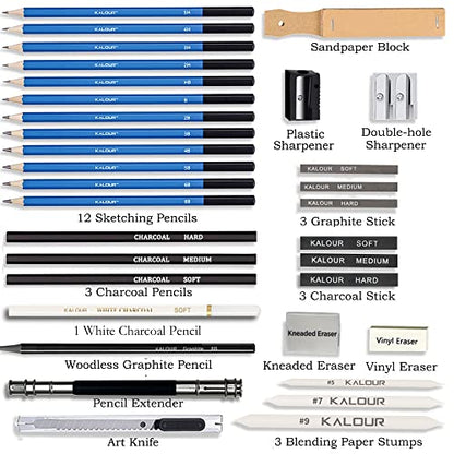 Kalour Sketching Pencil Set(34 Pack) - Includes Sketchbook - Zippered Travel Case - Sketch Pencil,Charcoal Pencil,Blending Paper,Eraser - Art Drawing - WoodArtSupply