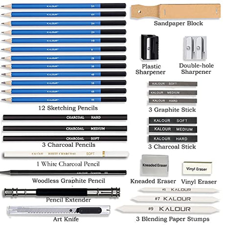 KALOUR 33 Pieces Pro Drawing Kit Sketching Pencils Set,Portable Zippered Travel Case-Charcoal Pencils, Sketch Pencils, Charcoal KALOUR
