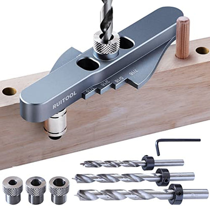 Ruitool Dowel Jig Kit, Self-centering Line Scriber Woodworking Tools, Drill Guide for Straight Holes,Including Drill Bit Set 1/4", 5/16", 3/8" &