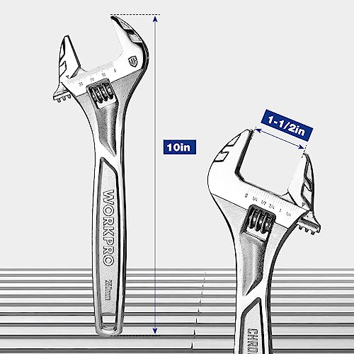 WORKPRO 10" Adjustable Wrench, Heavy Duty Spanner with Inch/Metric Scale, Premium Cr-V Steel, Chrome Plated - WoodArtSupply