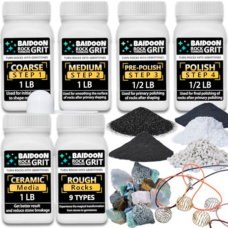 6 in 1 Rock Tumbler Grit Full Function Set – 4 Step Tumbling Grit, 1 Ceramic Refill Media, 9 Varieties Rough Rocks, Rock Tumbler Grit Polish Refill, BAIDOON