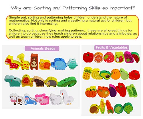 BMTOYS Montessori Educational Threading Toys Wooden Stringing Farm Animals Fruits Lacing Beads Preschool Toy for Toddler 3 4 5 Year Old Boys Girls BMTOYS