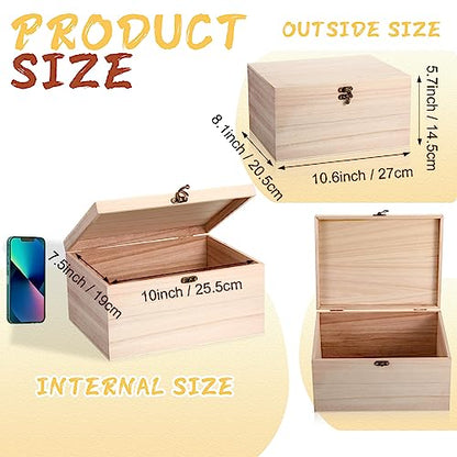 6 Pcs Large Unfinished Wooden Box with Hinged Lid and Front Clasp, Rectangle Unpainted Crafts DIY Wood Boxes Treasure Chest Stash Box for Art Gifts