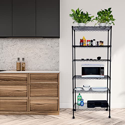 HealSmart Heavy Duty 6-Shelf Shelving with Wheels, with Hanging Hooks, Wire Shelving, Adjustable Storage Units, 29.92'' D x 13.98'' W x 71.65' H, 6 - WoodArtSupply