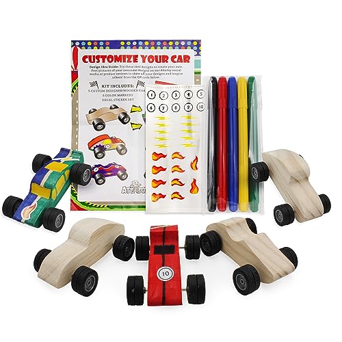 Attatoy DIY Craft Wood Car Kit (10-Piece Set); Unfinished Mini Wooden Race Car Craft Project for Kids Attatoy
