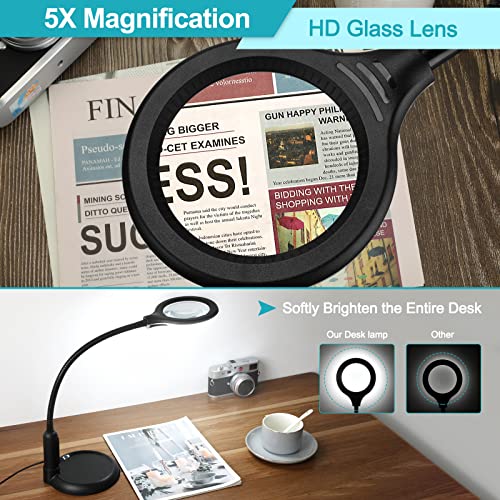 TOMSOO 5X Magnifying Glass with Light and Clamp, 5 Color Modes Stepless Dimmable Lighted Magnifier with Stand, Flexible Gooseneck LED Desk Lamp Hands TOMSOO