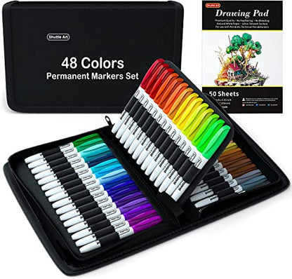 Shuttle Art Permanent Markers, 48 Colors Fine Point, Assorted Colors with Travel Case, Ideal for Adults Coloring Doodling on Plastic, Glass, Wood and