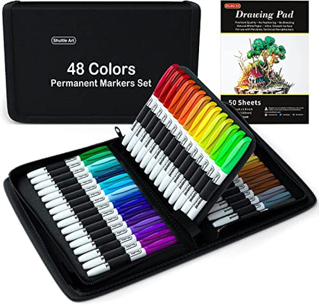 Shuttle Art Permanent Markers, 48 Colors Fine Point, Assorted Colors with Travel Case, Ideal for Adults Coloring Doodling on Plastic, Glass, Wood and Shuttle Art