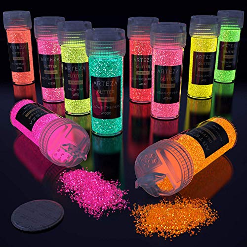 Arteza Fine Glitter, Set of 54 Colors, Shaker Jars (0.34oz/9.6 g) Glow Under UV Black Light, Extra Fine, Art Supplies for DIY Crafts - WoodArtSupply