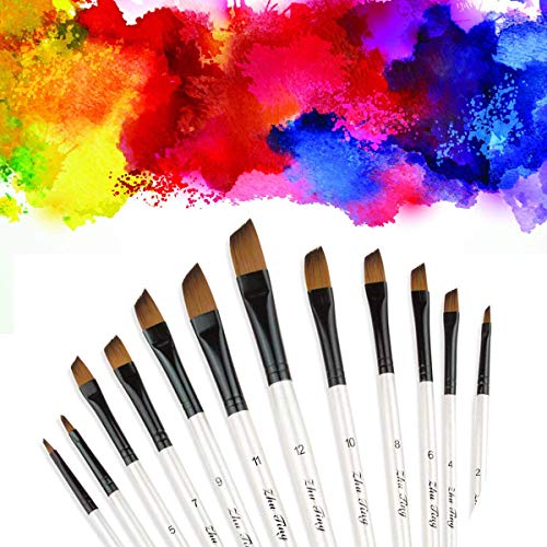 Angular Paint Brushes Nylon Hair Angled Watercolor Pait Brush Set for Acrylics Watercolors Gouache Inks Oil and Tempera(12pcs Pearl White Angled - WoodArtSupply