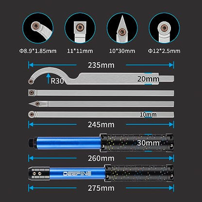 DEEFIINE Carbide Tip Wood Lathe Turning Tool Kit, Lathe Roughing and Finishing Hollow Tool Interchangeable Aluminum Alloy Handle with Diamond Round - WoodArtSupply