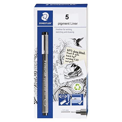 STAEDTLER Pigment Liner, Fineliner Pen for Drawing, Drafting, Journaling, 0.5mm, Black, Box of 5 Pens, 308 05-9M - WoodArtSupply