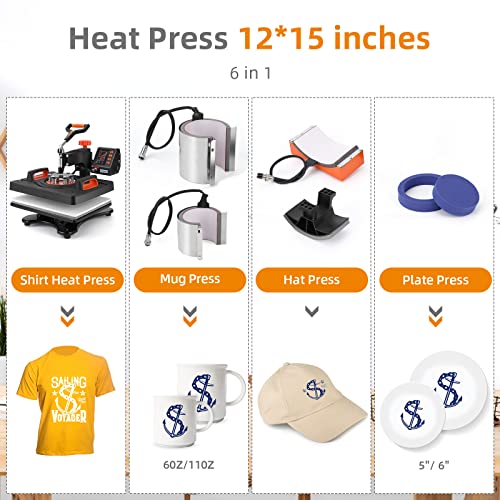 Heat Press Machine 12 x 15 inch, 6 in 1 Professional Heat Press Machines for T-Shirts, Caps, Tumbler, Mug Digital Industrial Sublimation 360-degree - WoodArtSupply