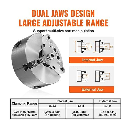 VEVOR 3-Jaw Lathe Chuck, 10'', Self-Centering Lathe Chuck, 0.24-9.84 in/6-250 mm Clamping Range with T-key Fixing Screws Hexagon Wrench, for Lathe 3D - WoodArtSupply