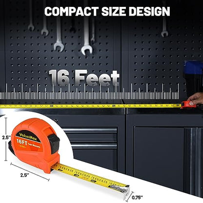 ValueMax Tape Measure 16FT with Fractions 1/8, 3 Pack Retractable Easy Read Measuring Tape, Imperial Pocket Measurement Tape with Metal Belt Clip for - WoodArtSupply