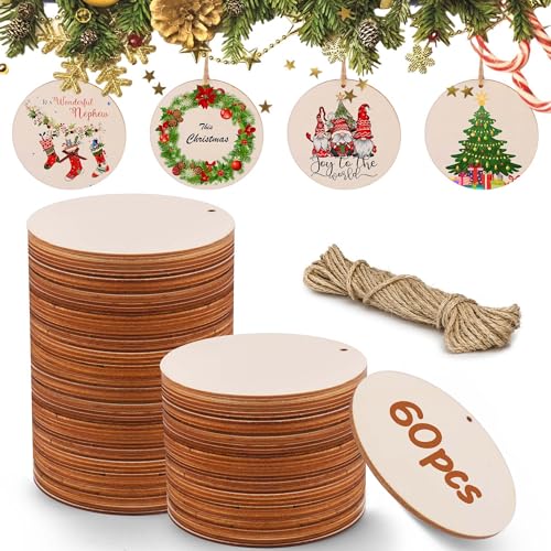 AIERSA 60Pcs Unfinished Wood Circles for Crafts Ornaments, 2.9Inch Round Wooden Tags with Holes & 42.65 Ft Twine, Blank Rustic Wood Pieces for