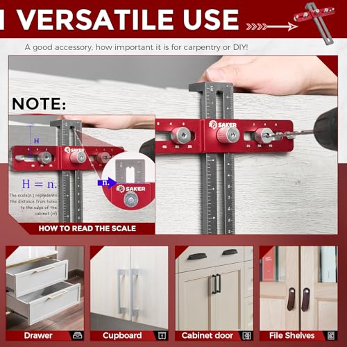 Saker Cabinet Hardware Doweling Jig,Adjustable Cabinet Template Tool for Knobs,Handles and Pulls,Self Centering Punch Locator Precise Woodworking - WoodArtSupply