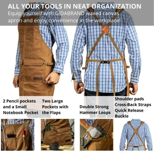 Woodworking Shop Aprons for Men and Women | 16 oz Durable Waxed Canvas Work Apron with Pockets | Cross-Back Straps | Adjustable Tool Apron Up To XXL GIDABRAND