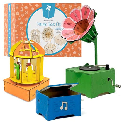 DIY Music Box Craft Kit for Kids - Wooden Construction Science Set | Build Music, Carousel, Gramophone & More | 3-in-1 STEM Building Kit | Includes - WoodArtSupply