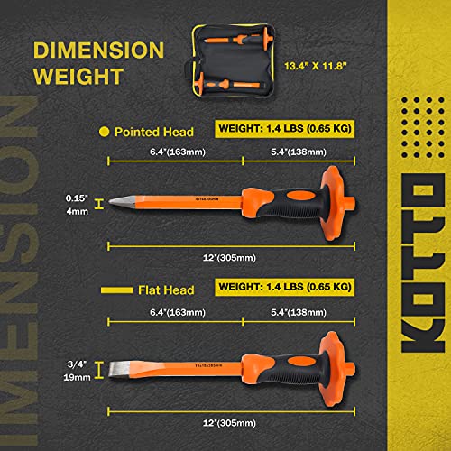 KOTTO 2 Pack Heavy Duty 12-Inch Chisels Set With Hand Protection, Point Chisel and Flat Chisel for Demolishing/Masonry/Carving/Concrete Breaker with - WoodArtSupply