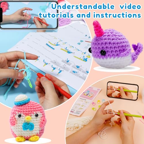 kgxulr Animal Crochet Kit, Knitting Kit for Beginner, Pink Penguin & Purple Whale Crochet Starter Kit for Complete Beginners Adults, Crocheting kgxulr