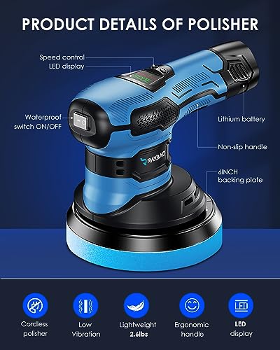 RAYBAO Cordless Polisher, Cordless Buffer Polisher with 2pcs 12V/2.0Ah Batteries, Random Orbital Polisher with LED Display, Variable Speed - WoodArtSupply