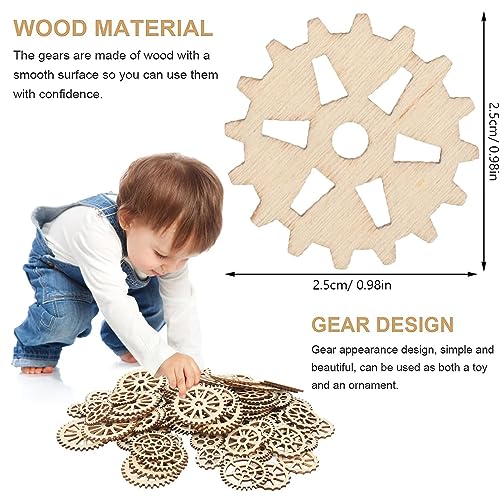 AKOAK 50 Pcs Wooden Gear, Blank Wooden DIY Craft Pieces, Wood Chip Paper-Cut Gift Labels, Unfinished Gear Decoration Cards DIY Craft Jewelry Making AKOAK