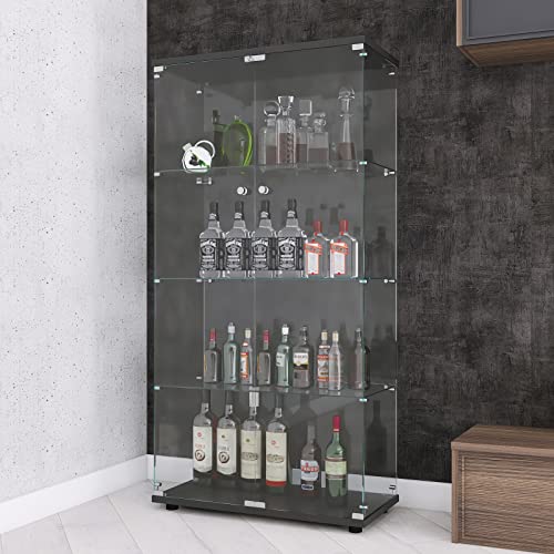 Dolonm Glass Display Cabinet 4 Shelves with 2 Doors, 5mm Tempered Glass Curio Cabinet, Floor Standing Curio Bookshelf, Glass Display Case for Living Dolonm