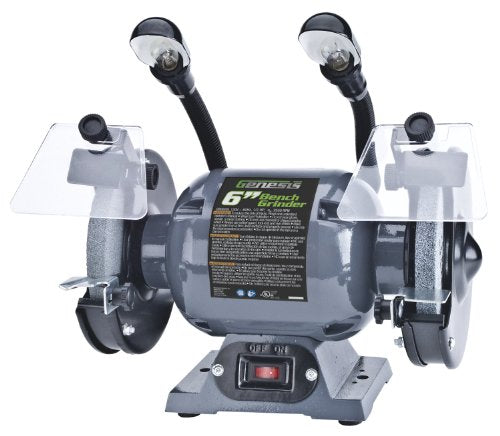 Genesis GBG600L 6" Bench Grinder with Dual, Flexible Lights and Eye Shield , Gray - WoodArtSupply