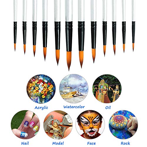 Acrylic Paint Brushes Set, 12pcs Professional Round-Pointed Tip Artist Paintbrushes for Acrylic Watercolor Oil Painting, Face Body Nail Art, Crafts, Auhoahsil