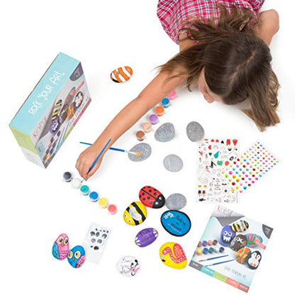 KIPIPOL Rock Painting Kit for Kids - DIY Arts and Crafts Set for Girls, Boys Ages 3, 4, 5 and Up - Fun Outdoor Activities w/10 Stones, 12 Acrylic