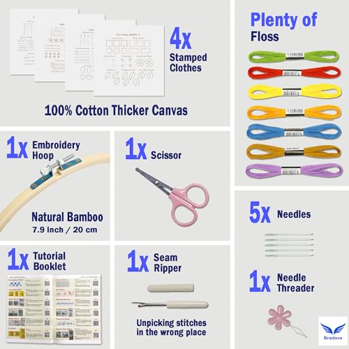 Bradove 4 Set Embroidery Stitches Practice Kit, Embroidery Kit for Beginners with Embroidery Patterns, Beginner Embroidery Kit, Embroidery Kits for Bradove