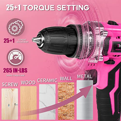 Pink Cordless Drill Set, 20V Lithium-ion Power Drill Set for Women with 67Pcs Drill Driver Bits, 3/8"Keyless Chuck, 25+1 Position Electric Drill,
