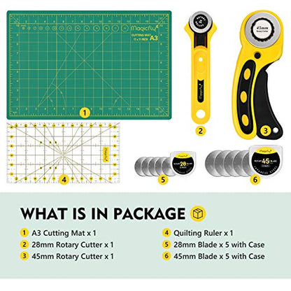 Magicfly Rotary Cutter Set, 45mm and 28mm Fabric Cutters Kit with Extra 10 Blades, A3 Double-Sided Self Healing Cutting Mat, 12x6 Inch Quilting Ruler - WoodArtSupply