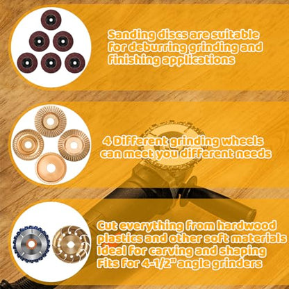 13PCS Wood Carving Disc Set for 4" or 4 1/2" Angle Grinder, Stump Tool Grinder Disc Wheel Attachments for Woodworking, Stump Grinding Tools for Wood