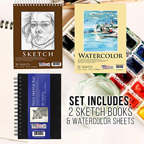 U.S. Art Supply 163-Piece Mega Deluxe Art Painting, Drawing Set in Wood Box, Desk Easel - Artist Painting Pad, 2 Sketch Pads, 24 Watercolor Paint U.S. Art Supply