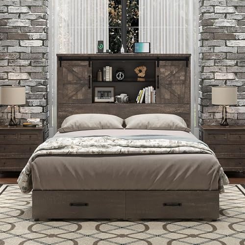 HOWE Rustic Queen Wood Platform Bed with Bookcase Headboard & Storage Drawers HOWE