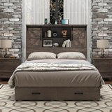 HOWE Rustic Queen Wood Platform Bed with Bookcase Headboard & Storage Drawers HOWE